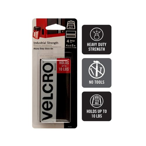  VELCRO Brand Industrial Strength Fasteners | Stick-On Adhesive | Professional Grade Heavy Duty Strength Holds up to 10 lbs on Smooth Surfaces | Indoor Outdoor Use | 4 x 2 inch Stri