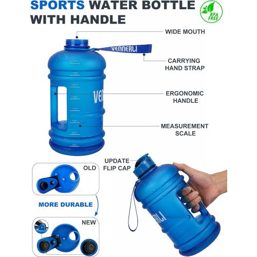  VENNERLI Half Gallon Water Bottle 2.2L Large Sports Water Bottle with Handle 74oz BPA-free Reusable Plastic Water Jugs Leakproof Hydro Bottle for Gym Yoga Travel Camping Cycling Ou