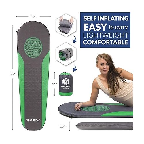  VENTURE 4TH Self Inflating Sleeping Pad - No Pump Required, Easy-Inflate - Warm, Quiet, Supportive Mattress for a Comfortable Night's Sleep - Compact Ultralight Mat - Ideal For Backpacking and Camping