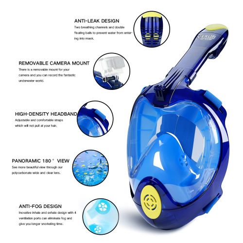  VERLIFE Snorkel Mask Full Face 180° Panoramic View with Anti-Fog Anti-Leak Design, 2018 Newest Generation Ultra-Wide Upgraded Free Breathing GoPro Compatible Snorkeling Mask for Ad