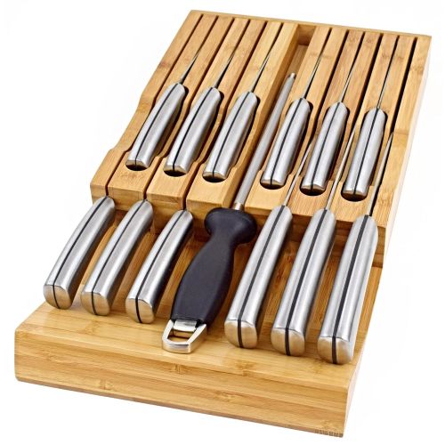  VERTIER Vertier Premium In-Drawer Bamboo Knife Block - Fits 12 Knives And a Knife Sharpener - High End Quality with 100% Natural Bamboo Wood Grain