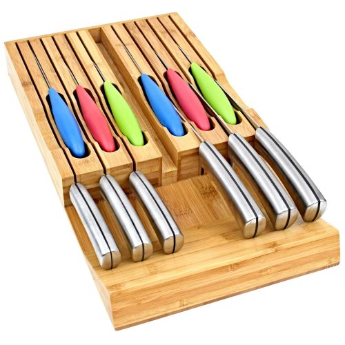  VERTIER Vertier Premium In-Drawer Bamboo Knife Block - Fits 12 Knives And a Knife Sharpener - High End Quality with 100% Natural Bamboo Wood Grain