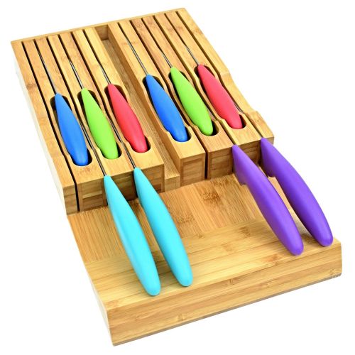  VERTIER Vertier Premium In-Drawer Bamboo Knife Block - Fits 12 Knives And a Knife Sharpener - High End Quality with 100% Natural Bamboo Wood Grain