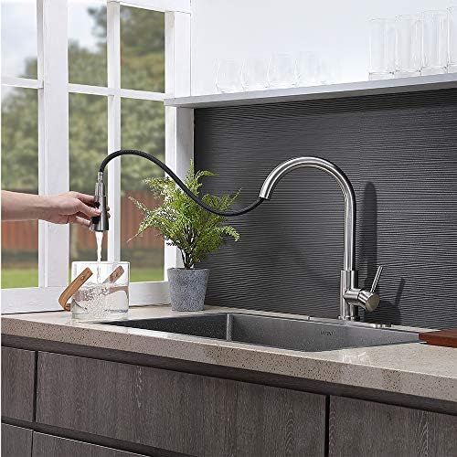  VESLA HOME Single Handle High Arc Pull Out Brushed Nickel Kitchen Faucet, Single Level Stainless Steel Kitchen Sink Faucets with Pull Down Sprayer