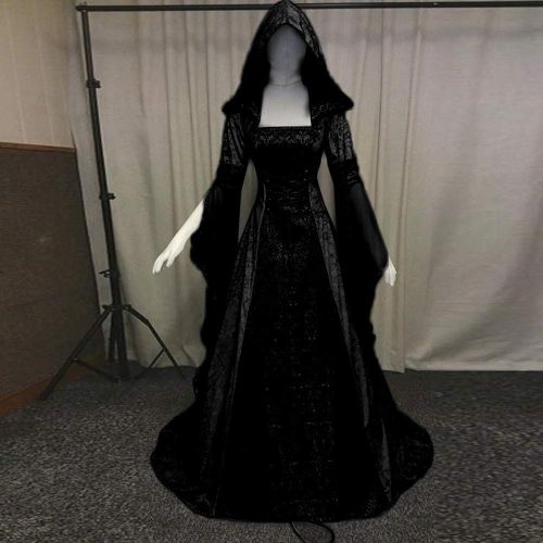  VESNIBA Womens Long Sleeve Hooded Medieval Dress Floor Length for Cosplay Dress