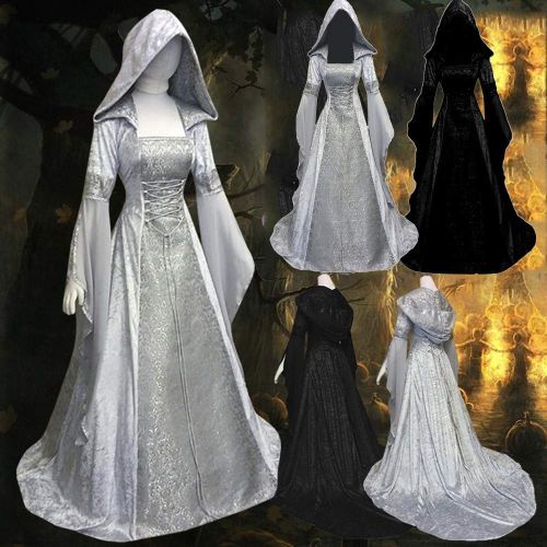  VESNIBA Womens Long Sleeve Hooded Medieval Dress Floor Length for Cosplay Dress