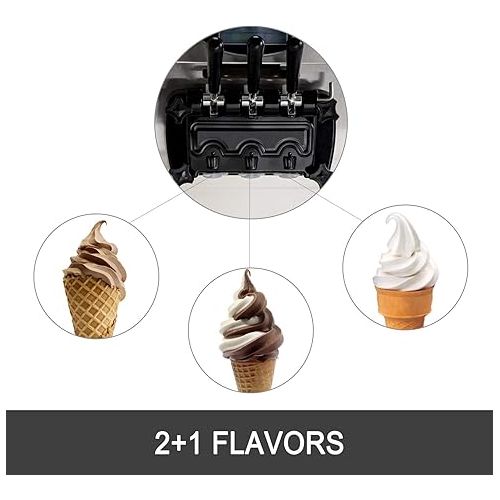  VEVOR 2200W Commercial Soft Ice Cream Machine 3 Flavors 5.3 to 7.4Gallon per Hour PreCooling at Night Auto Clean LCD Panel for Restaurants Snack Bar, Sliver