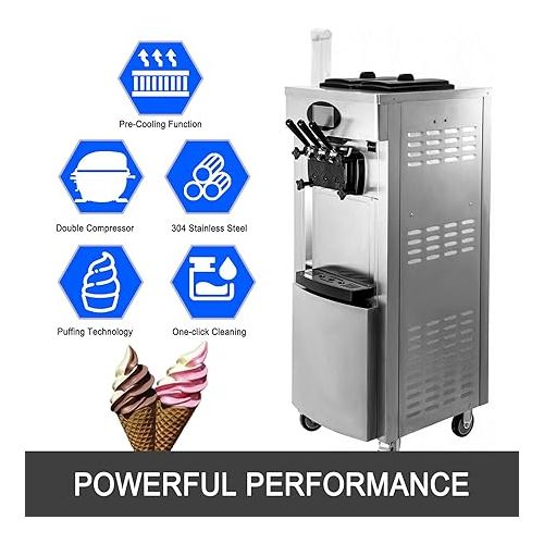  VEVOR 2200W Commercial Soft Ice Cream Machine 3 Flavors 5.3 to 7.4Gallon per Hour PreCooling at Night Auto Clean LCD Panel for Restaurants Snack Bar, Sliver