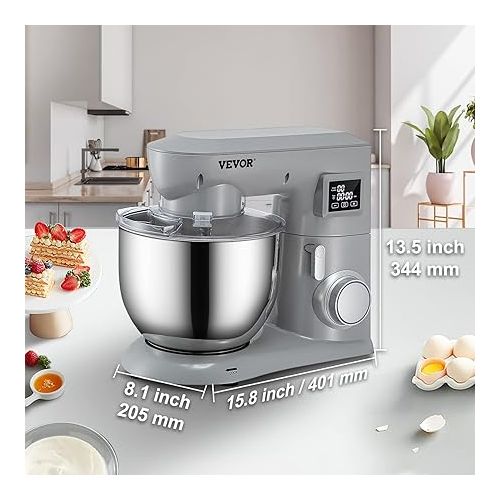  VEVOR Stand Mixer, 450W Electric Dough Mixer with 6 Speeds LCD Screen Timing, Tilt-Head Food Mixer with 7.4Qt Stainless Steel Bowl, Dough Hook, Flat Beater, Whisk, Scraper, Splash-Proof Cover - Metal