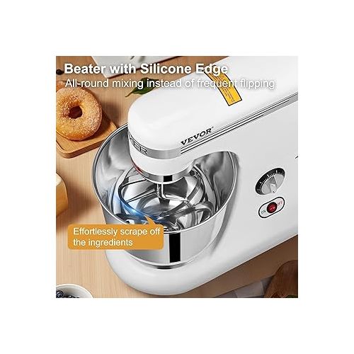  VEVOR All Metal Stand Mixer, 600W Electric Dough Mixer with 11 Speeds, Tilt-Head Food Mixer with 7.4 Qt Stainless Steel Bowl, Dough Hook, Flat Beater, Whisk, Scraper, Splash-Proof Cover - White