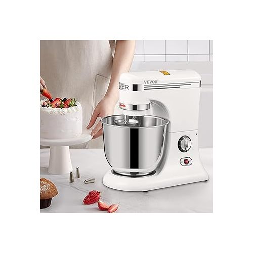  VEVOR All Metal Stand Mixer, 600W Electric Dough Mixer with 11 Speeds, Tilt-Head Food Mixer with 7.4 Qt Stainless Steel Bowl, Dough Hook, Flat Beater, Whisk, Scraper, Splash-Proof Cover - White