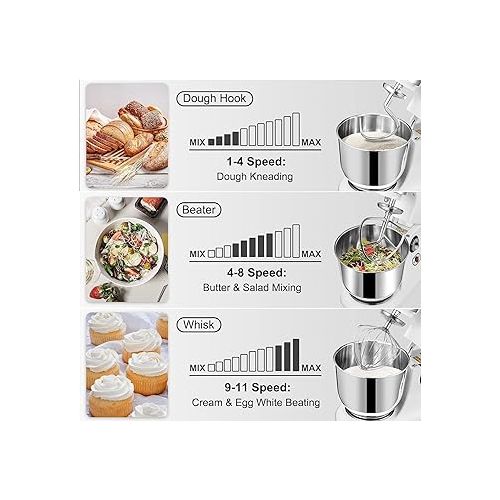  VEVOR All Metal Stand Mixer, 600W Electric Dough Mixer with 11 Speeds, Tilt-Head Food Mixer with 7.4 Qt Stainless Steel Bowl, Dough Hook, Flat Beater, Whisk, Scraper, Splash-Proof Cover - White