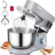 VEVOR Stand Mixer, 660W Electric Dough Mixer with 6 Speeds LCD Screen Timing, Tilt-Head Food Mixer with 5.8 Qt Stainless Steel Bowl, Dough Hook, Flat Beater, Whisk, Scraper, Splash-Proof Cover - Gray