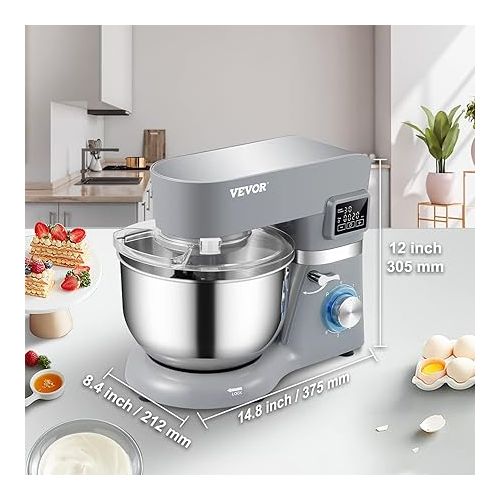  VEVOR Stand Mixer, 660W Electric Dough Mixer with 6 Speeds LCD Screen Timing, Tilt-Head Food Mixer with 5.8 Qt Stainless Steel Bowl, Dough Hook, Flat Beater, Whisk, Scraper, Splash-Proof Cover - Gray