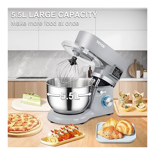  VEVOR Stand Mixer, 660W Electric Dough Mixer with 6 Speeds LCD Screen Timing, Tilt-Head Food Mixer with 5.8 Qt Stainless Steel Bowl, Dough Hook, Flat Beater, Whisk, Scraper, Splash-Proof Cover - Gray