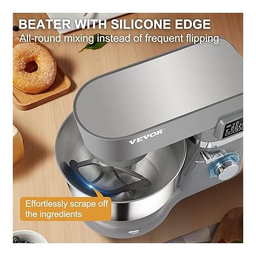  VEVOR Stand Mixer, 660W Electric Dough Mixer with 6 Speeds LCD Screen Timing, Tilt-Head Food Mixer with 5.8 Qt Stainless Steel Bowl, Dough Hook, Flat Beater, Whisk, Scraper, Splash-Proof Cover - Gray