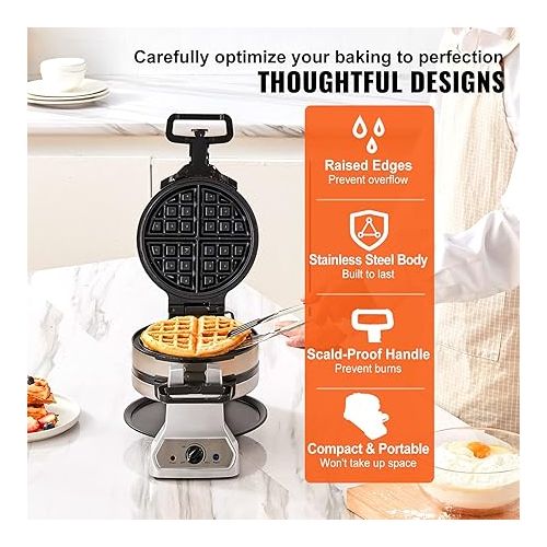  VEVOR 2-Layer Waffle Maker, 1400W Round Waffle Iron, Non-Stick Waffle Baker Machine with Browning Control, 180° Rotable Belgian Waffle Maker, Teflon-Coated Baking Pans, Stainless Steel Body, 120V