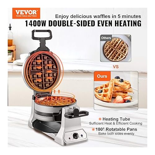  VEVOR 2-Layer Waffle Maker, 1400W Round Waffle Iron, Non-Stick Waffle Baker Machine with Browning Control, 180° Rotable Belgian Waffle Maker, Teflon-Coated Baking Pans, Stainless Steel Body, 120V