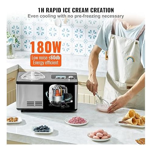  VEVOR Automatic Ice Cream Maker with Built-in Compressor, 2 Quart No Pre-freezing Fruit Yogurt Machine, Stainless Steel Electric Sorbet Maker, 3 Modes Gelato Maker with LCD Display & Timer, Silver