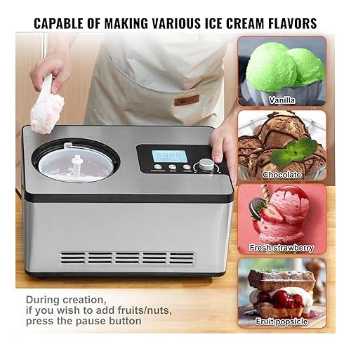  VEVOR Automatic Ice Cream Maker with Built-in Compressor, 2 Quart No Pre-freezing Fruit Yogurt Machine, Stainless Steel Electric Sorbet Maker, 3 Modes Gelato Maker with LCD Display & Timer, Silver