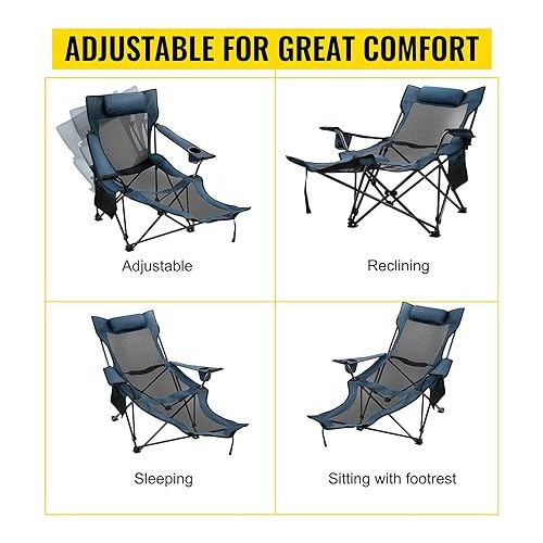  VEVOR Folding Camp Chair, with Footrest Mesh, Portable Lounge Chair with Storage Bag and Cup Holder, for Camping Fishing and Other Outdoor Activities, Blue