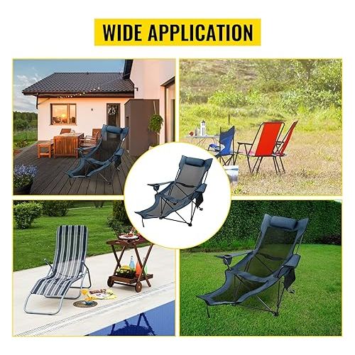  VEVOR Folding Camp Chair, with Footrest Mesh, Portable Lounge Chair with Storage Bag and Cup Holder, for Camping Fishing and Other Outdoor Activities, Blue