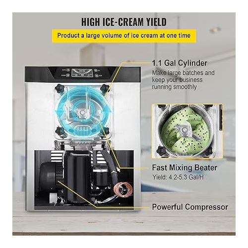  VEVOR Commercial Ice Cream Machine 1400W 20/5.3 Gph Hard Serve Ice Cream Maker with LED Display Screen Auto Shut-Off Timer One Flavors Perfect for Restaurants Snack bar Supermarkets