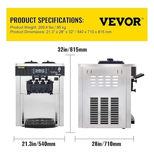  VEVOR Soft Serve Ice Cream Maker,2200W Commercial Ice Cream Machine for Home,5.3 to 7.4 Gal/H Countertop Ice Cream Machine with One-click Cleaning for Snack Bar