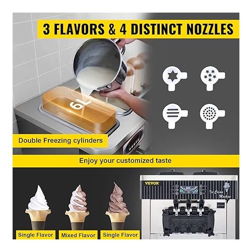  VEVOR Soft Serve Ice Cream Maker,2200W Commercial Ice Cream Machine for Home,5.3 to 7.4 Gal/H Countertop Ice Cream Machine with One-click Cleaning for Snack Bar