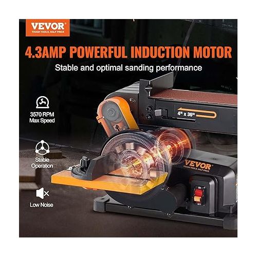  VEVOR Belt Sander, 6in. Disc Sander and 4x36 in. Belt Sander Combo with 4.3A Induction Motor, Powerful Woodworking Sander with Bench Mount and Cast Aluminum Work Table