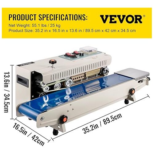  VEVOR Continuous Band Sealer, 0.24-0.6 in/6-15 mm Seal Width, FR900 110V/60Hz Horizontal Sealing Machine, Band Heat Sealer with Digital Temperature Control for PVC Membrane Bag Film