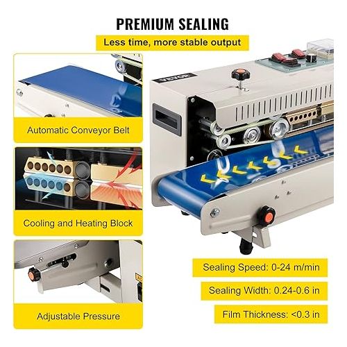  VEVOR Continuous Band Sealer, 0.24-0.6 in/6-15 mm Seal Width, FR900 110V/60Hz Horizontal Sealing Machine, Band Heat Sealer with Digital Temperature Control for PVC Membrane Bag Film