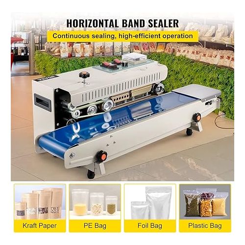  VEVOR Continuous Band Sealer, 0.24-0.6 in/6-15 mm Seal Width, FR900 110V/60Hz Horizontal Sealing Machine, Band Heat Sealer with Digital Temperature Control for PVC Membrane Bag Film