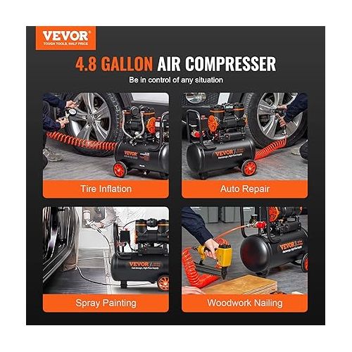  VEVOR 4.8 Gallon Air Compressor, 1.2HP 2.2 CFM@90PSI Oil Free Air Compressor Tank & Max. 116PSI Pressure, 70 dB Ultra Quiet Compressor for Auto Repair, Tire Inflation, Spray Painting, Woodwork Nailing