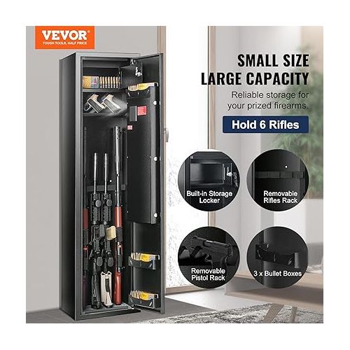  VEVOR 6-8 Rifles Gun Safe, Rifle Safe with Fingerprint & Digital Keypad Lock, Gun Storage Cabinet for Shotguns with Built-in Storage Locker, Removable Storage Shelf for Home Long Gun and Pistols