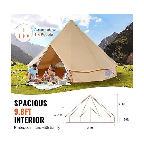  VEVOR Canvas Bell Tent, 4 Seasons Yurt Tent, Canvas Tent for Camping with Stove Jack, Breathable Tent Holds up to 4-10 People, Family Camping Outdoor Hunting Party