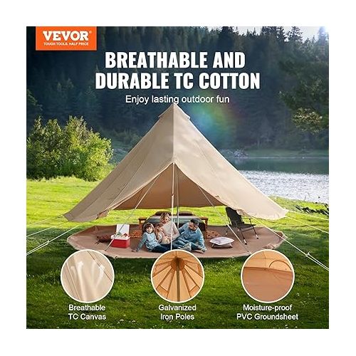  VEVOR Canvas Bell Tent, 4 Seasons Yurt Tent, Canvas Tent for Camping with Stove Jack, Breathable Tent Holds up to 4-10 People, Family Camping Outdoor Hunting Party