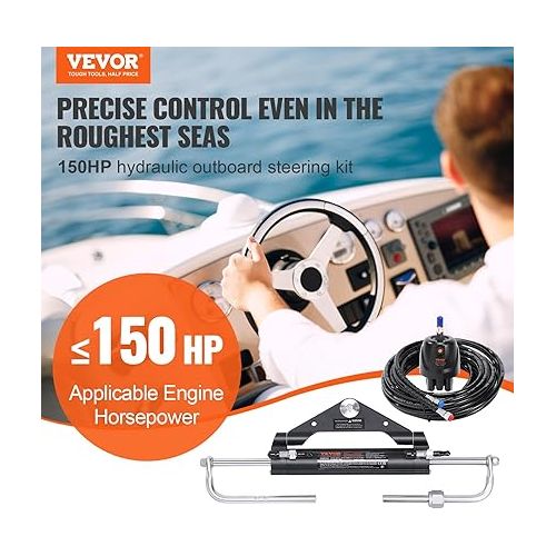  VEVOR 150HP Hydraulic Outboard Steering Kit Boat Marine System, Built-in Two-Way Lock Cylinder, 150HP Pump and High-Strength Nylon Hose for Single Station, Single-Engine use