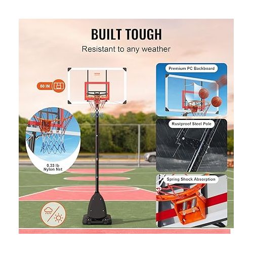  VEVOR Basketball Hoop, 7.6-10 ft Adjustable Height Portable Backboard System, 50 inch Basketball Hoop & Goal, Kids & Adults Basketball Set with Wheels, Stand, and Fillable Base, for Outdoor/Indoor.