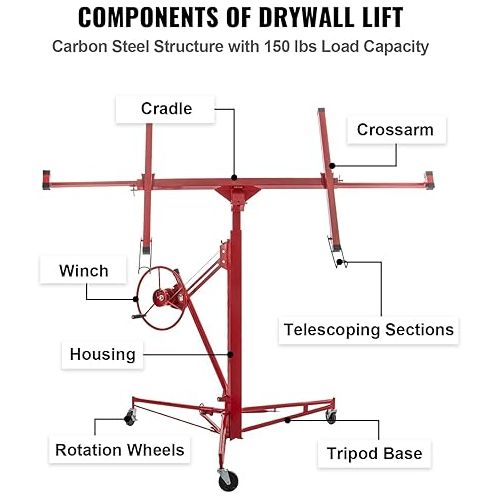  VEVOR 16FT Drywall Lift Sheetrock Lift, 150lb Weight Capacity Drywall Panel Hoist Jack, Construction Tools with Adjustable Telescopic Arm & 3 Lockable Rolling Caster