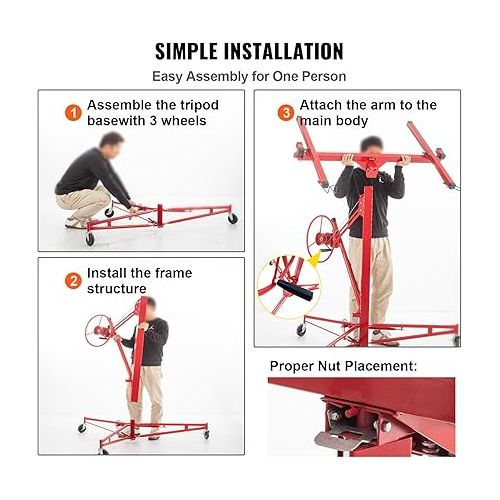  VEVOR 16FT Drywall Lift Sheetrock Lift, 150lb Weight Capacity Drywall Panel Hoist Jack, Construction Tools with Adjustable Telescopic Arm & 3 Lockable Rolling Caster