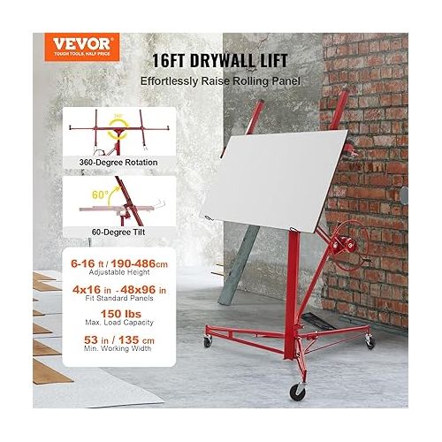  VEVOR 16FT Drywall Lift Sheetrock Lift, 150lb Weight Capacity Drywall Panel Hoist Jack, Construction Tools with Adjustable Telescopic Arm & 3 Lockable Rolling Caster