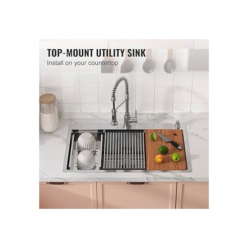  VEVOR Kitchen Sink, 304 Stainless Steel Drop-In Sinks, Top Mount Single Bowl Basin with Ledge and Accessories, Household Dishwasher Sinks for Workstation, RV, Prep Kitchen, and Bar Sink, 33 inch