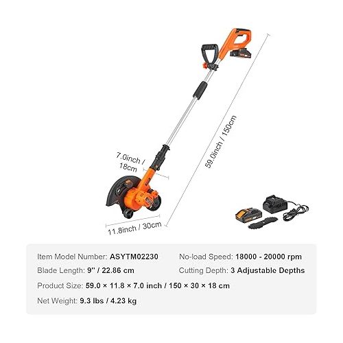  VEVOR Lawn Edger, 20 V Battery Powered Cordless Edger, 9-inch Blade Edger Lawn Tool with 3-Position Blade Depth, Battery and Charger Included, for Lawns, Driveways, Borders, and Sidewalk Edges