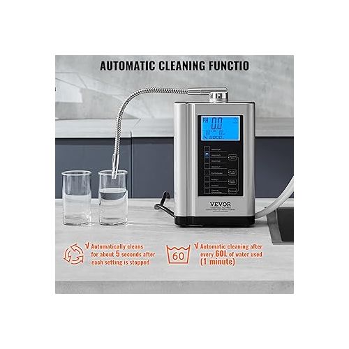  VEVOR Alkaline Water Ionizer Machine, pH 3.5-10.5 Alkaline Acidic Hydrogen Water Purifier, 7 Water Settings Home Filtration System, Up to -650mV ORP, 8000L Per Filter, Auto-Cleaning, White