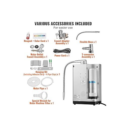  VEVOR Alkaline Water Ionizer Machine, pH 3.5-10.5 Alkaline Acidic Hydrogen Water Purifier, 7 Water Settings Home Filtration System, Up to -650mV ORP, 8000L Per Filter, Auto-Cleaning, White