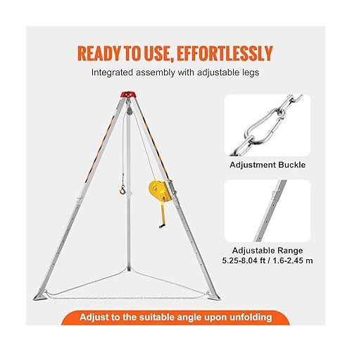  VEVOR Confined Space Tripod Kit, 2600 lbs Winch, Confined Space Tripod 8' Legs and 98' Cable, Confined Space Rescue Tripod 32.8' Fall Protection, Harness, Storage Bag for Traditional Confined Spaces