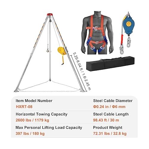  VEVOR Confined Space Tripod Kit, 2600 lbs Winch, Confined Space Tripod 8' Legs and 98' Cable, Confined Space Rescue Tripod 32.8' Fall Protection, Harness, Storage Bag for Traditional Confined Spaces