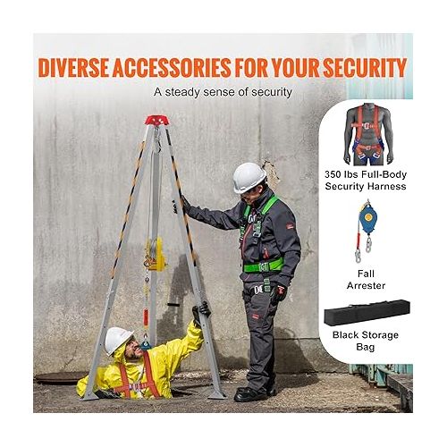 VEVOR Confined Space Tripod Kit, 2600 lbs Winch, Confined Space Tripod 8' Legs and 98' Cable, Confined Space Rescue Tripod 32.8' Fall Protection, Harness, Storage Bag for Traditional Confined Spaces
