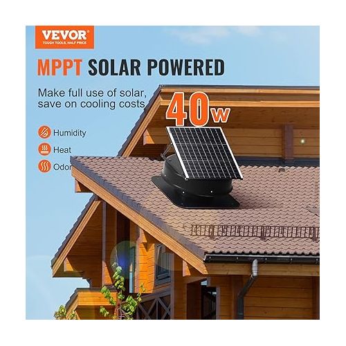  VEVOR Solar Attic Fan, 40 W, 1230 CFM Large Air Flow Solar Roof Vent Fan, Low Noise and Weatherproof with 110V Smart Adapter, Ideal for Home, Greenhouse, Garage, Shop, RV, FCC Listed